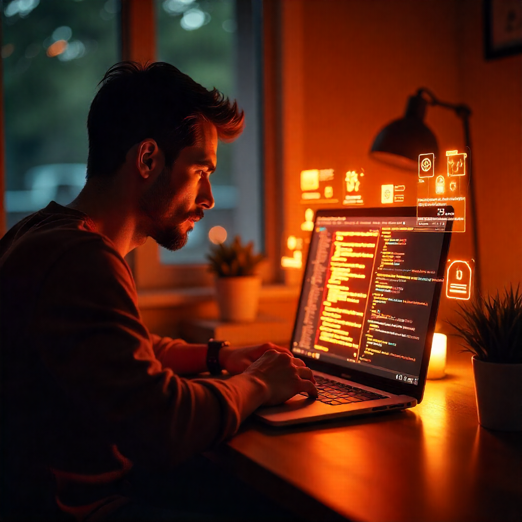 Illustration showing diverse students coding on laptops with digital technology elements around them, bright and modern style